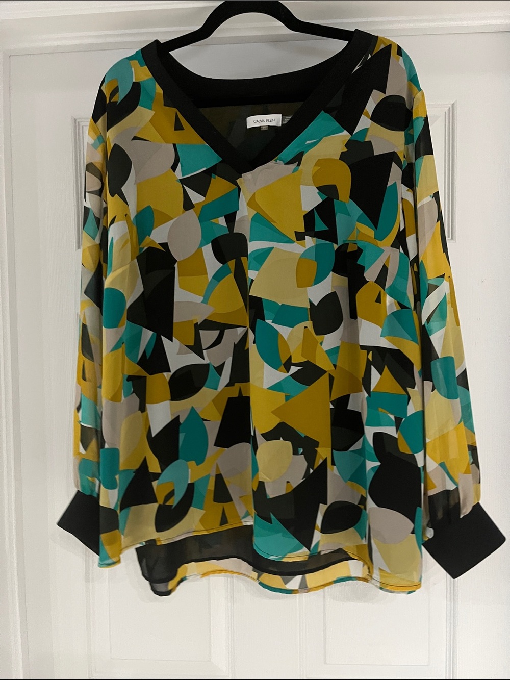 3/$30 Calvin Klein Abstract Geometric V-Neck Blouse in Yellow, Teal & Black
